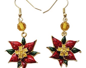 Christmas Poinsettia Earrings Gold Plated Metal Alloy Set With Enamel And Sparkling Colourful Czech Crystals