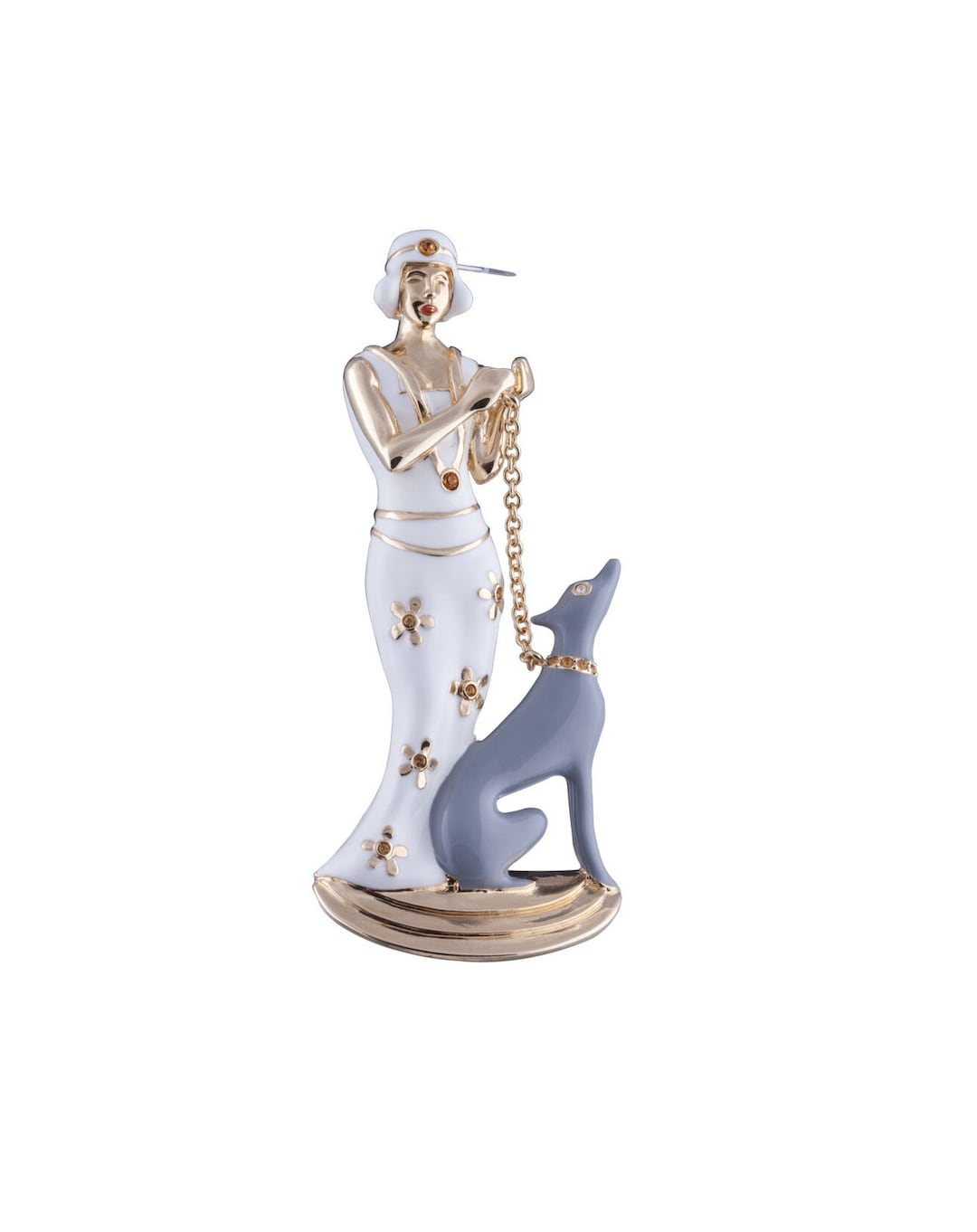 Lady and Dog Pin Brooch Art Deco Style Gold Plated Metal Alloy Set With ...