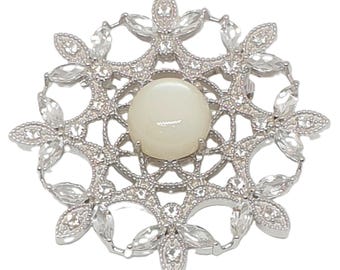 Sterling Silver Snowflake Brooch with Moonstone and Cubic Zirconia – English Hallmarks