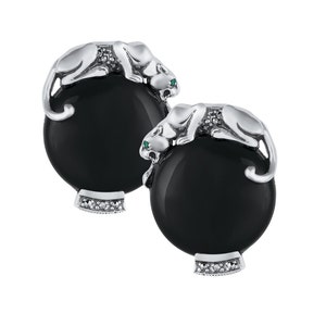 Panther Cufflinks Art Deco Style 925 Sterling Silver English Hallmarks Set With Black Onyx Marcasite And Emerald Eyes By JewelAriDesigns
