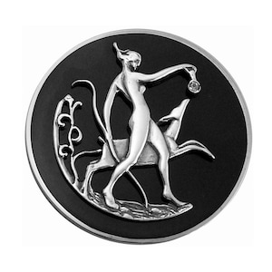 Göttin Diana Die Jägerin Pin Brosche Jugendstil 925 Sterlingsilber Englische Markenzeichen Emaille & Tschechischer Kristall Von JewelAriDesigns