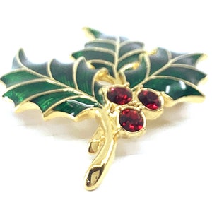 Christmas Holly Pin Brooch Gold Plated Metal Alloy Set With Enamel and Sparkling Swarovski Crystals by JewelAriDesigns image 4