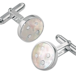 Button Design Torpedo Cufflinks 925 Sterling Silver English Hallmarks Set With Mother Of Pearl By JewelAriDesigns