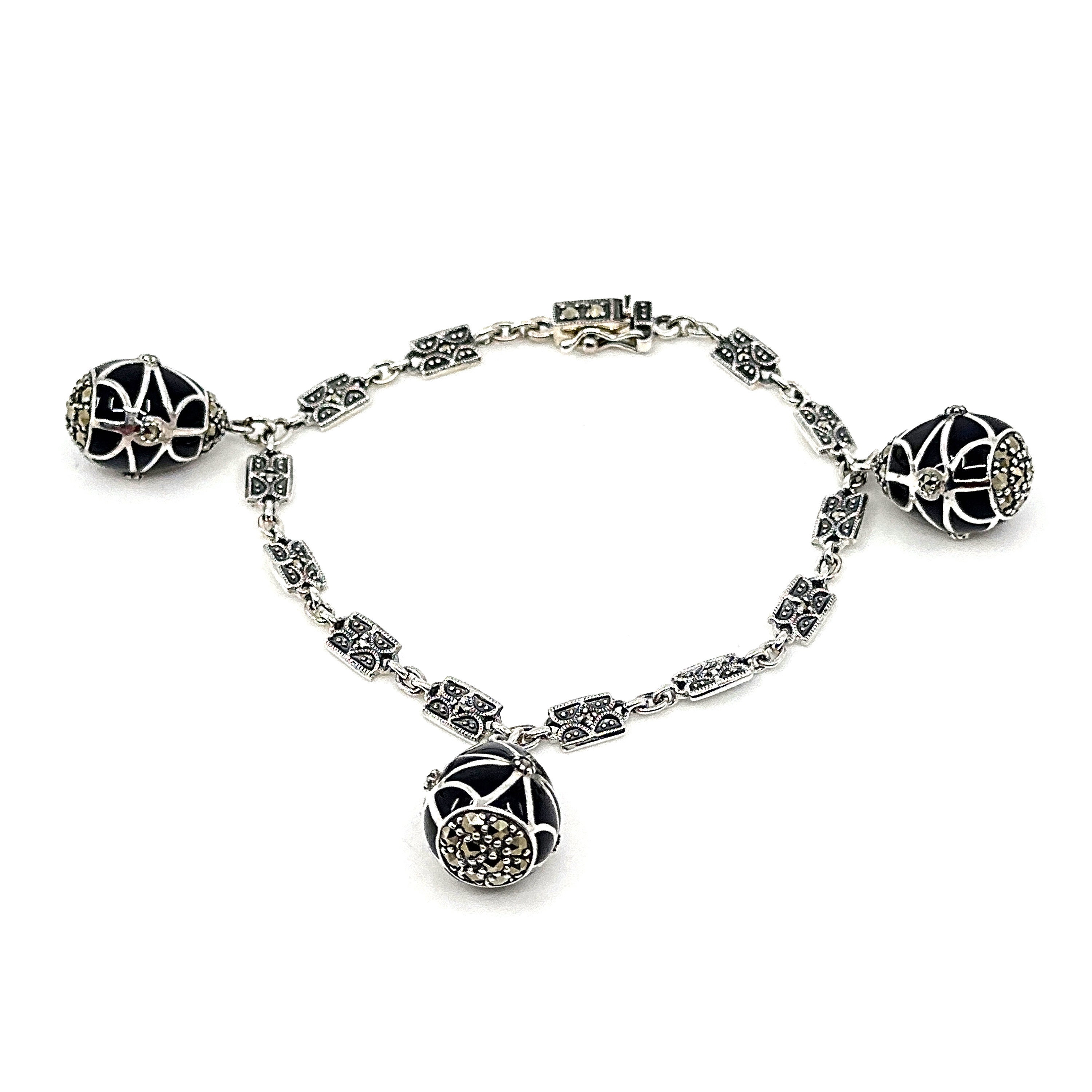 Faberge Style Egg Bracelet Sterling Silver 925 English Hallmarks Set With Blue Enamel And Marcasite By JewelAriDesigns