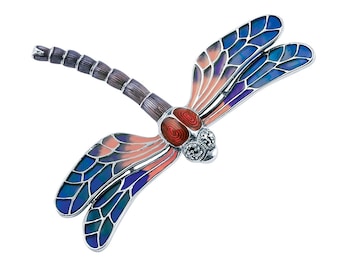 Broche de libélula em estilo Art Nouveau, prata de lei 925 com esmalte e marcassita.