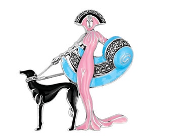 Broche Art Déco de Dama y Perro: Plata de ley, esmalte, marcasita.