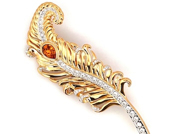 Feather Quill Pin Brooch Art Nouveau Style Gold Plated Set With Clear And Amber Sparkling Czech Crystals By JewelAriDesigns