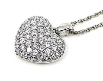 Heart Pendant 925 Sterling Silver English Hallmarks Set With Clear Cubic Zirconia