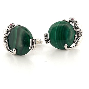 Panther Cufflinks Art Deco Style 925 Sterling Silver English Hallmarks Set With Malachite Marcasite And Ruby Eyes By JewelAriDesigns