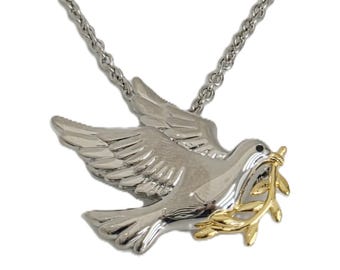 Christmas Dove Pin Brooch Pendant Rhodium and Gold Plated Metal Alloy On 20" Chain