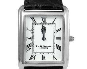 Unisex Watch 925 Sterling Silver English Hallmarks With Black Leather Strap And Black Onyx Winder By JewelAriDesigns