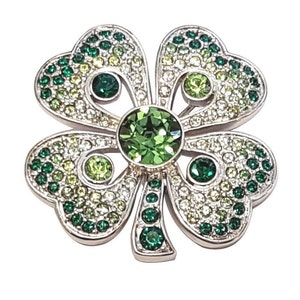 Four Leaf Clover St. Patrick&#39;s Day Pin Brooch Rhodium Plated Set With Sparkling Czech Crystals By JewelAriDesigns