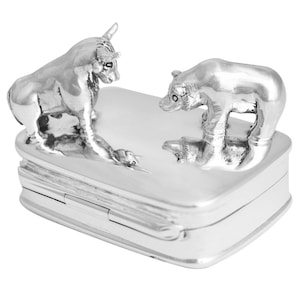 Wall Street Bull And Bear Stock Market & Shares Pill Box 925 Sterling Silver English Hallmarks By JewelAriDesigns