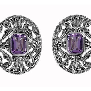 Elegante Ohrclips viktorianischen Stil 925 Sterlingsilber Englisch Hallmarks Set mit Amethyst und Markasit von JewelAriDesigns