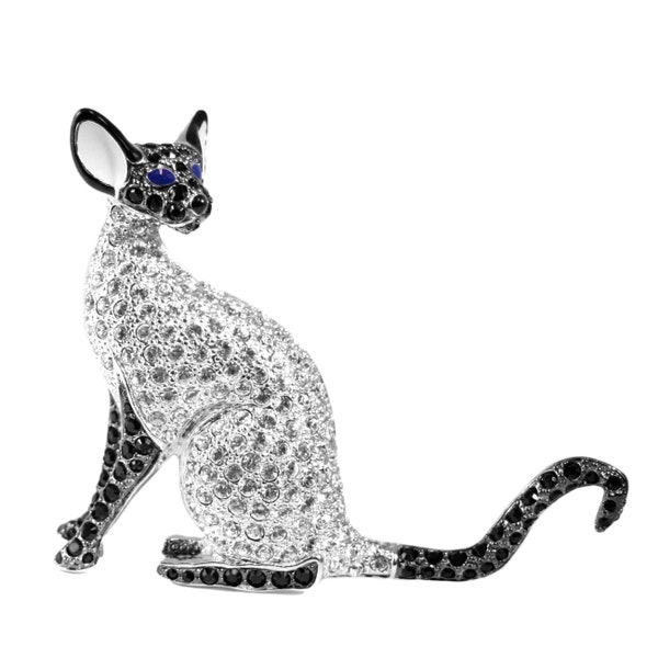 Siamese Cat Pin Brooch Art Deco Style Rhodium Plated Metal Alloy Set With Enamel And Sparkling Swarovski Crystals By JewelAriDesigns