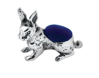 Rabbit Pin Cushion Victorian Style 925 Sterling Silver English Hallmarks With Blue Cushion By JewelAriDesigns