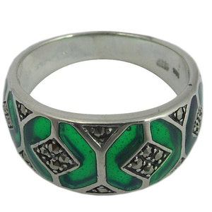 Ring With Green Enamel & Marcasite 925 Sterling Silver Hallmarked By JewelAriDesigns