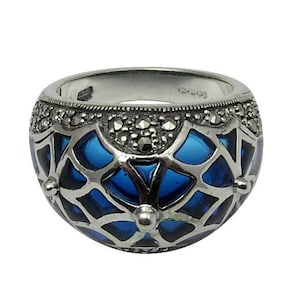 Ring With Blue Enamel & Marcasite 925 Sterling Silver Hallmarked By JewelAriDesigns