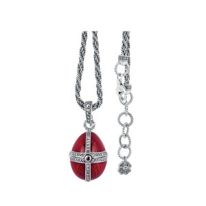 Fabergé Style Egg Shaped Fragrance Holder Pendant 925 Sterling Silver English Hallmarks Set With Red Enamel And Marcasite By JewelAriDesigns