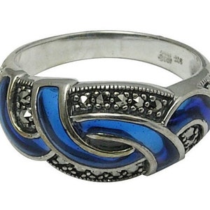Blue Enamel And Marcasite Ring 925 Sterling Silver Hallmarked By JewelAriDesigns