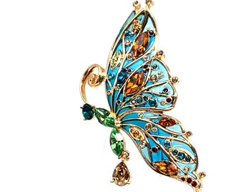 Butterfly Pin Brooch Art Nouveau Style Gold Plated Metal Alloy Set With Enamel And Sparkling Czech Crystals By JewelAriDesigns