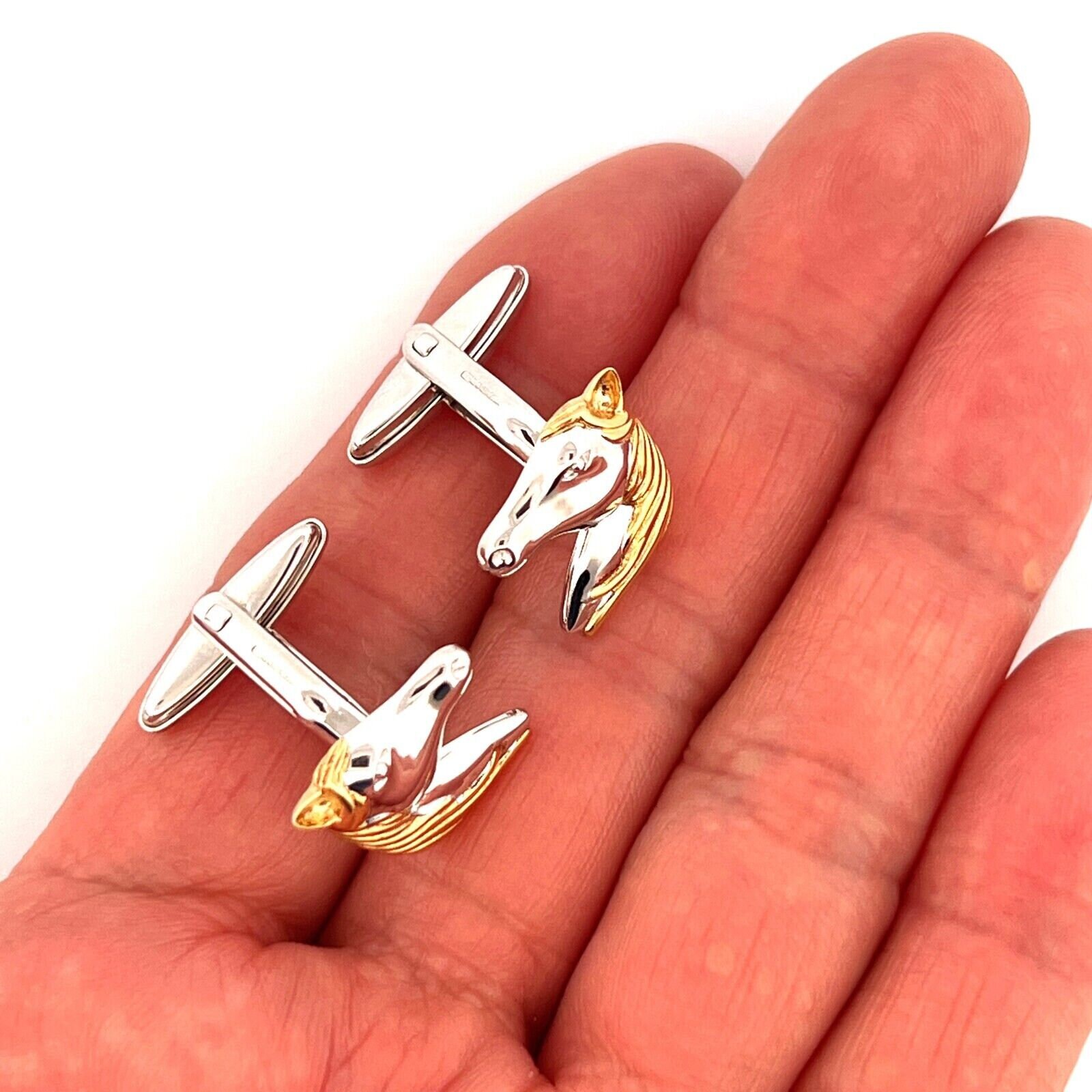 馬の頭のカフスボタン、金メッキ、925刻印入りスターリングシルバー