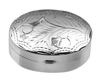 Medium Engraved Oval Pill Box 925 Sterling Silver English