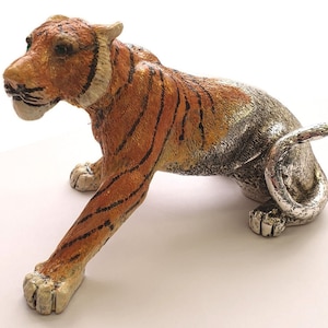 The Crouching Tiger Hand Painted Desk Statue Sculpted Wildlife Figurine By JewelAriDesigns