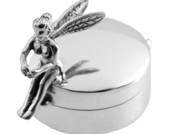 Fairy On Round Pill Box 925 Sterling Silver English Hallmarks By JewelAriDesigns