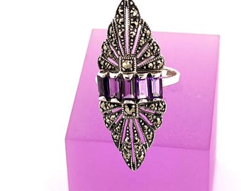 Marcasite And Amethyst Ring Hallmarked 925 Sterling Silver