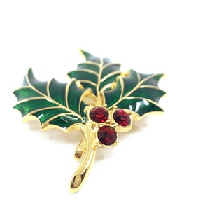 Christmas Holly Pin Brooch Gold Plated Metal Alloy Set With Enamel and Sparkling Swarovski Crystals by JewelAriDesigns image 3