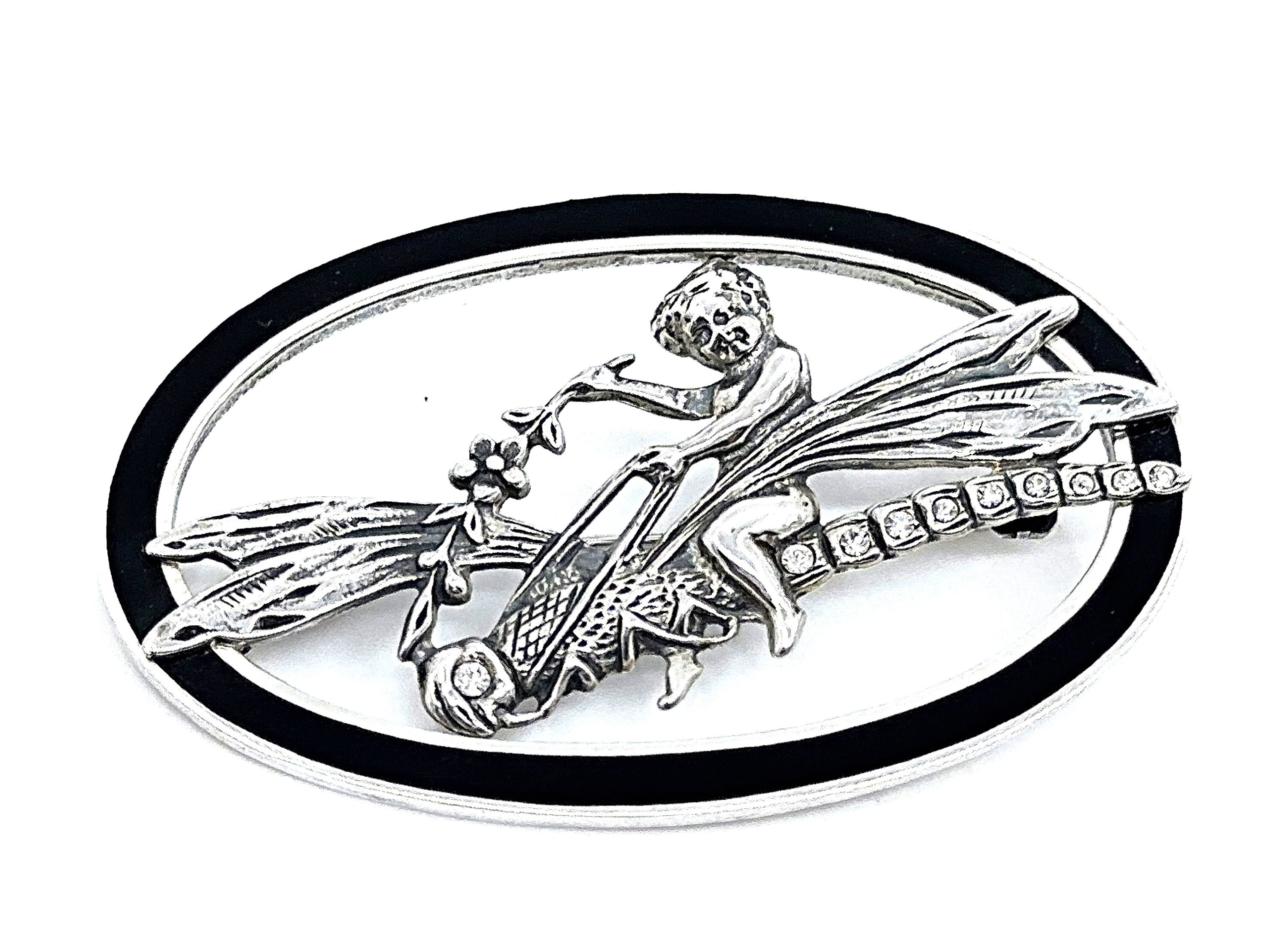 Engelchen Libelle Pin Brosche Jugendstil 925 Sterling Silber Englische Markenzeichen Emaille Und funkelnde Kristalle Von JewelAriDesigns