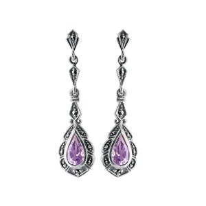 Elegant Drop Earrings Victorian Style 925 Sterling Silver English Hallmarks Set With Amethyst And Marcasite By JewelAriDesigns