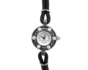 Art Deco Cocktail Quartz Watch Elegantly Set With Marcasite, Onyx & Cultured Pearls Sterling Silver With Adjustable Strap By JewelAriDesigns