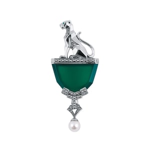 Panther Brooch Art Deco Style 925 Sterling Silver English Hallmarked Set With Green Agate Emerald Eye Cultured Pearl By JewelAriDesigns