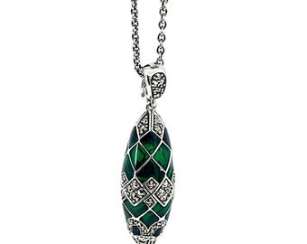 Elongated Oval Necklace Set With Green Enamel And Marcasite