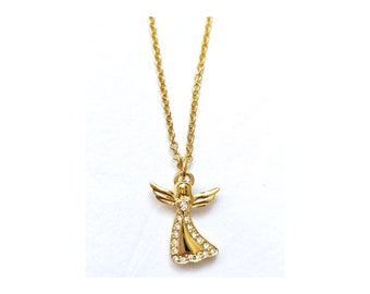 Colgante de ángel querubín navideño de aleación de metal bañado en oro con brillantes cristales checos en cadena de 18" de JewelAriDesigns