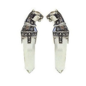 Panther Earrings Art Deco Style 925 Silver English Hallmarks Set With Marcasite Emerald Eyes And Clear Crystal By JewelAriDesigns
