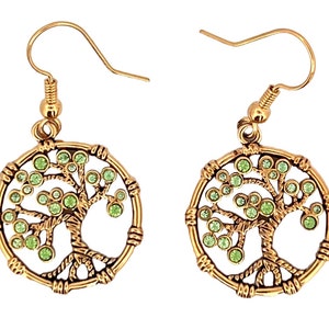 Tree of Life Earrings Gold Plated Metal Alloy Set With Sparkling Green Czech Crystals By JewelAriDesigns