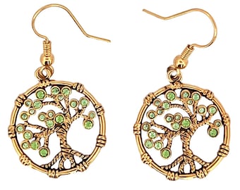 Tree of Life Earrings Gold Plated Metal Alloy Set With Sparkling Green Swarovski Crystals by JewelAriDesigns