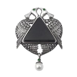 Peacock Pin Brooch Art Nouveau Style 925 Sterling Silver English Hallmarks Set With Onyx Emerald Marcasite And Pearl By JewelAriDesigns