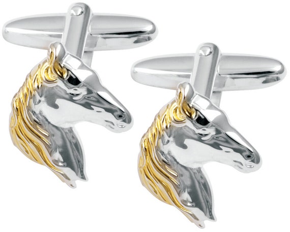 正規品   925 63 馬 カフスボタン SILVER 馬の頭のカフスボタン、金メッキ、925刻印入りスターリングシルバー
