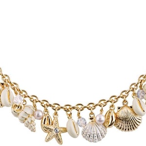 Sea Shell Charm Bracelet Gold Plated Metal Alloy Set With White Enamel And Sparkling Czech Crystals By JewelAriDesigns