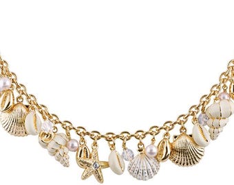 Sea Shell Charm Bracelet Gold Plated Metal Alloy Set With White Enamel And Sparkling Czech Crystals By JewelAriDesigns