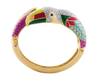 Toucan Cuff Bangle Art Deco Style Gold Plated Metal Alloy Set With Sparkling Czech Crystals And Enamel By JewelAriDesigns
