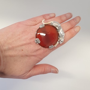 Panther Ring Art Deco Style 925 Sterling Silver English Hallmarks Set With Red Agate Marcasite And Emerald Eyes By JewelAriDesigns
