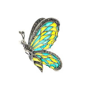 Art Nouveau Butterfly Brooch: Sterling Silver, Marcasite & Enamel Pin