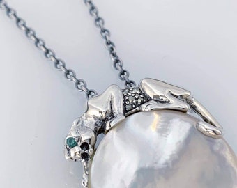Panther Necklace Art Deco Style 925 Sterling Silver English Hallmarks Set With Mother Of Pearl Marcasite And Emerald Eyes By JewelAriDesigns
