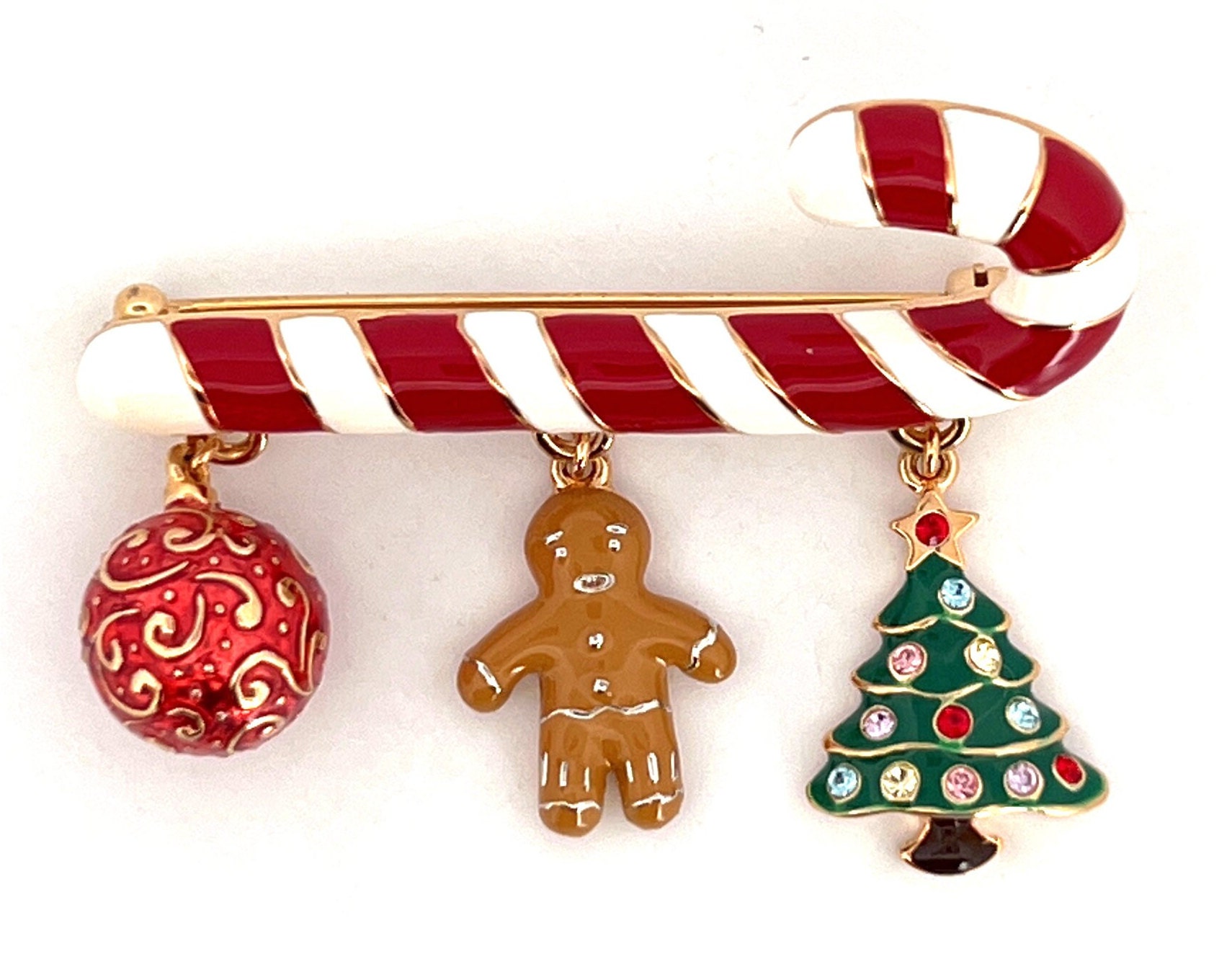 Christmas Charm Candy Cane Pin Brooch Gold Plated Metal Alloy Set With ...