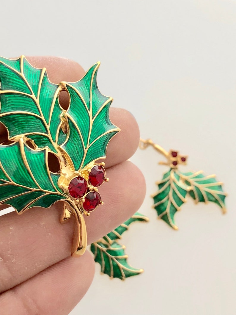 Christmas Holly Pin Brooch Gold Plated Metal Alloy Set With Enamel and Sparkling Swarovski Crystals by JewelAriDesigns image 9